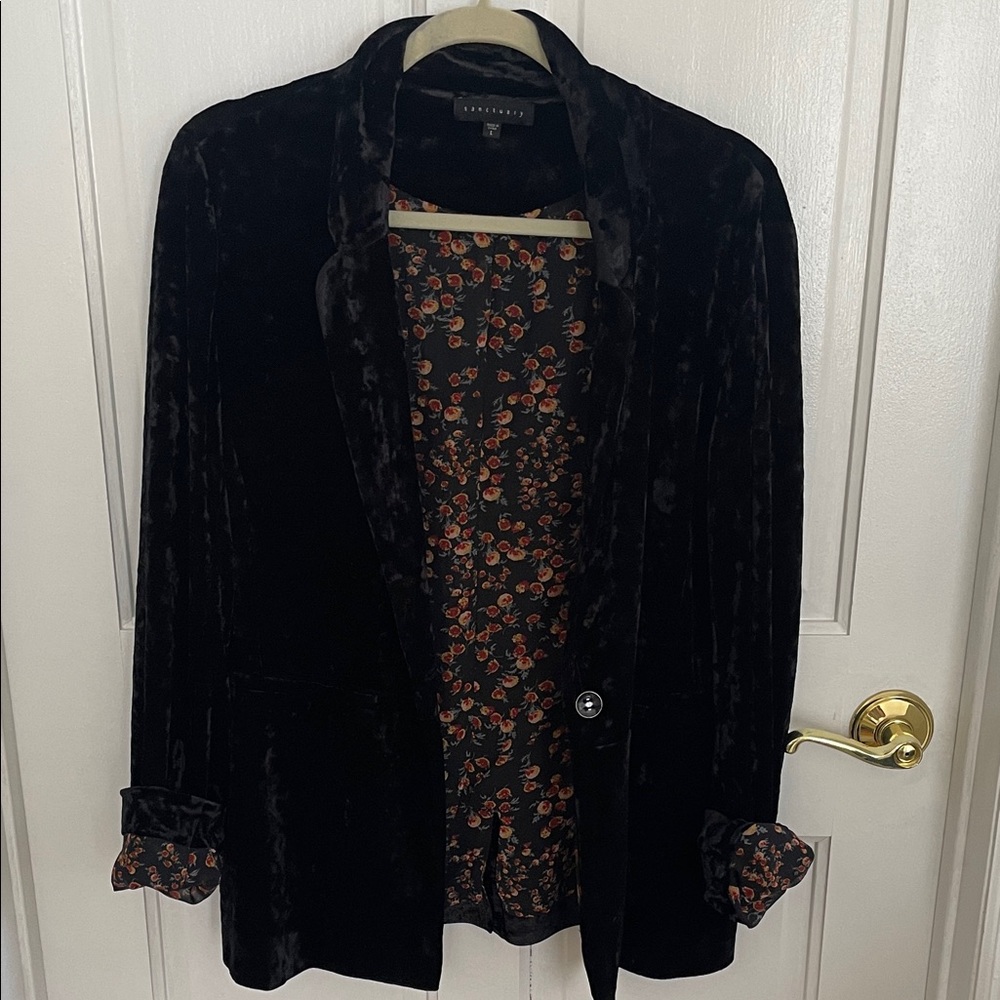 Sanctuary Black crushed Velvet Blazer with Floral Lining BoHo chic size Large